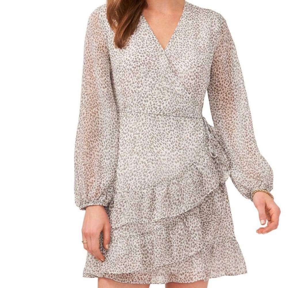 Nordstrom 1. State Long Sleeve Gray Chiffon Ruffle Wrap Dress in Animal print - Picture 4 of 9